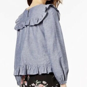 Jill Stuart Linen Blend Chambray Long Sleeve Ruffle Blouse - Size Small